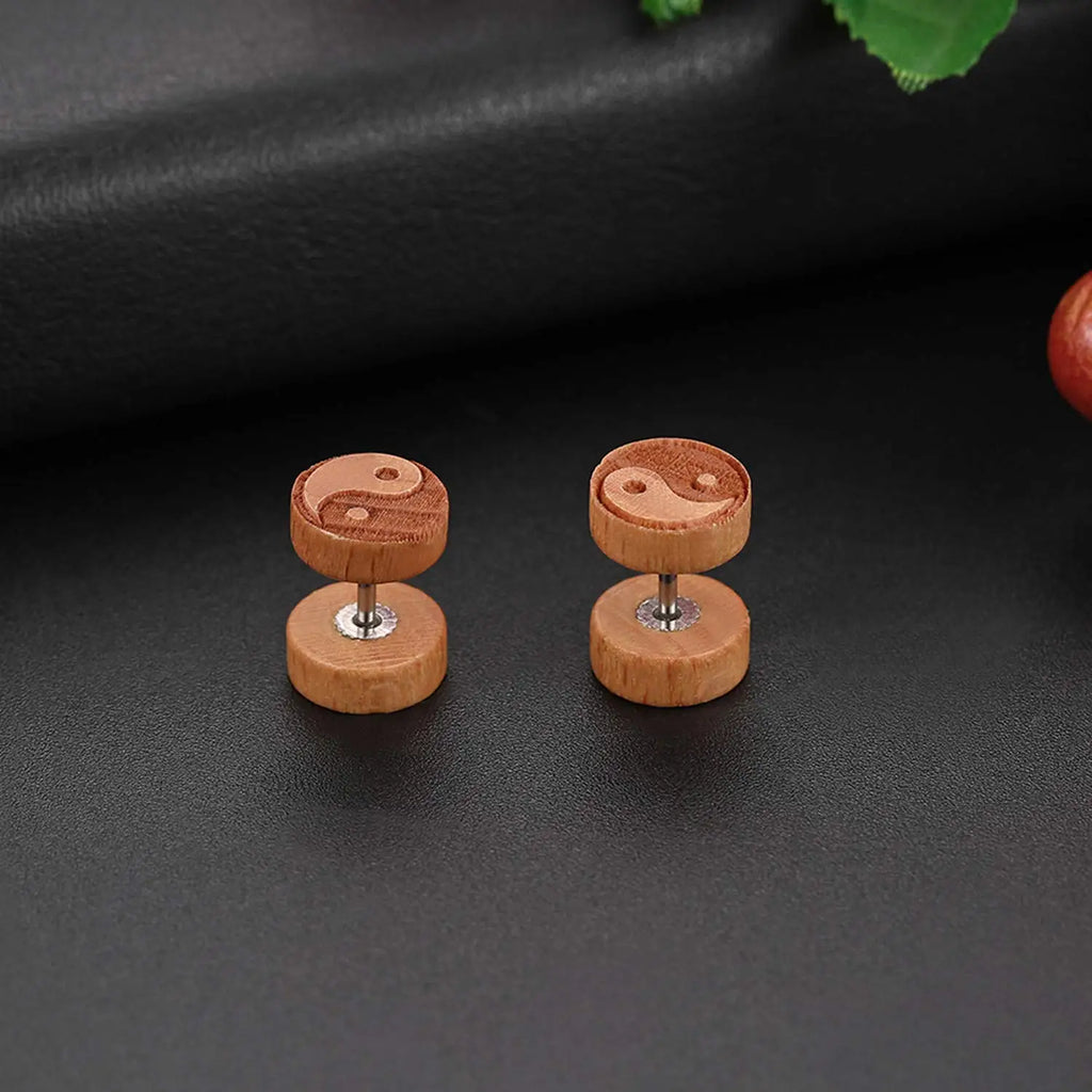 Pendientes de botón de madera Yin Yang beige
