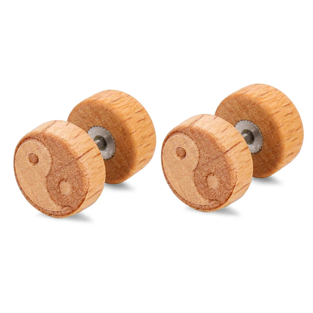 Pendientes de botón de madera Yin Yang beige