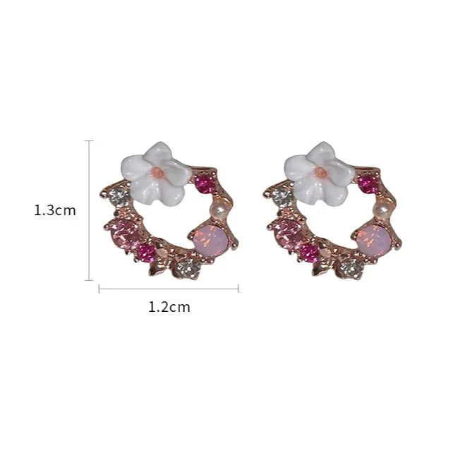 Pendientes de botón Flores y Perlas rosa