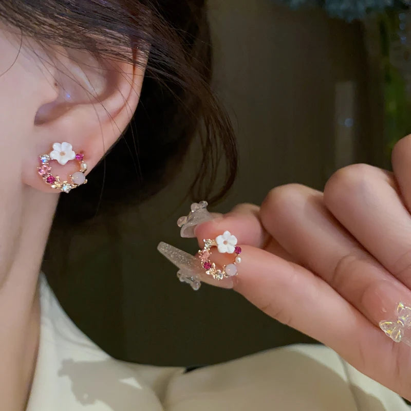Pendientes de botón Flores y Perlas rosa 