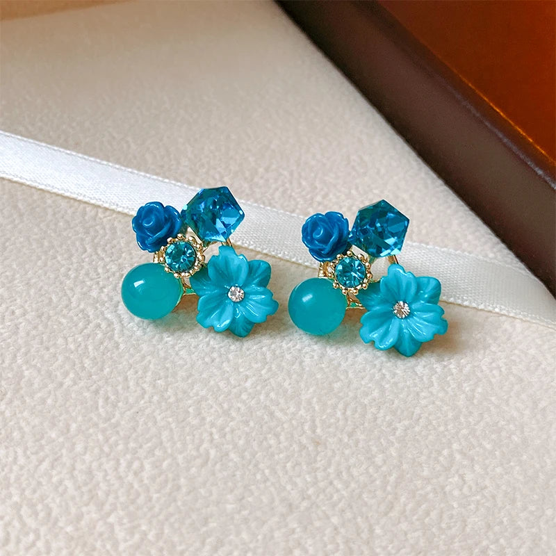 Pendientes de botón Flores y Perlas azul 1