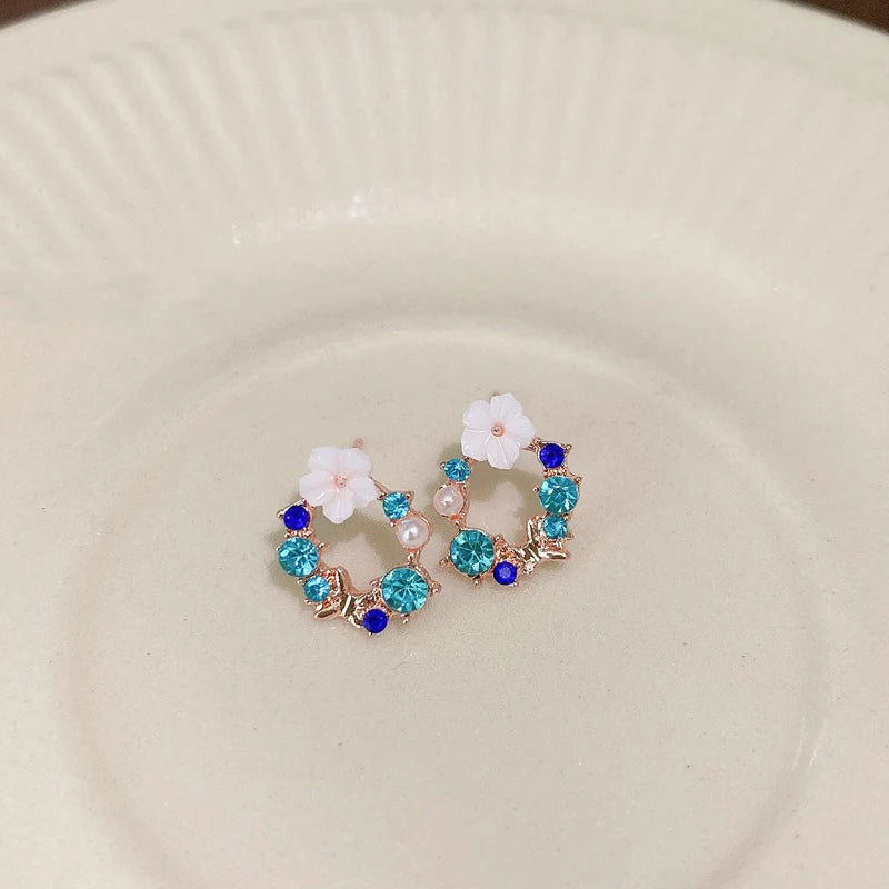 Pendientes de botón Flores y Perlas azul