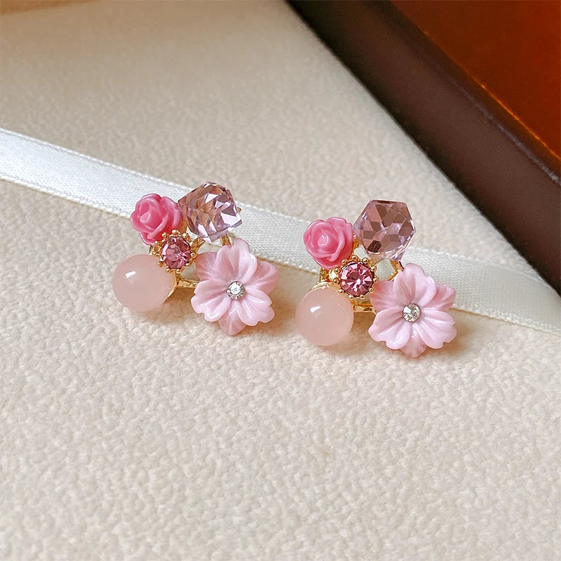 Pendientes de botón Flores y Perlas rosa 1