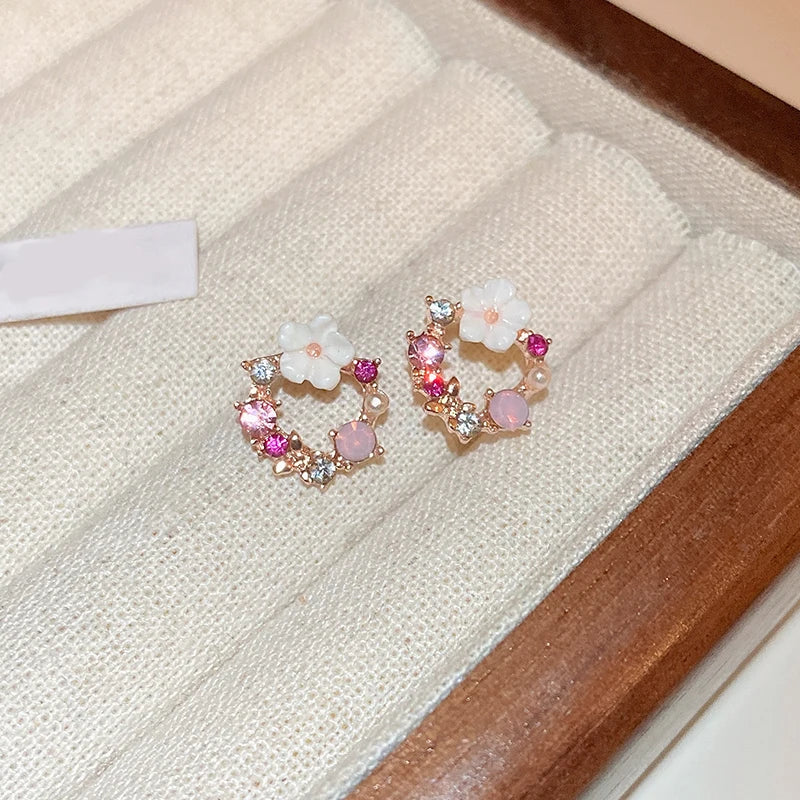 Pendientes de botón Flores y Perlas rosa 