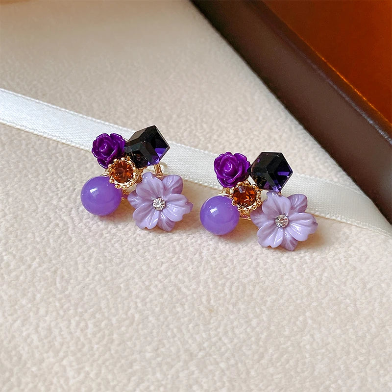 Pendientes de botón Flores y Perlas violeta 1