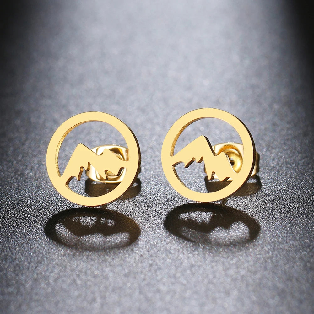 Pendientes de botón redondos de montañas para mujer u hombre oro