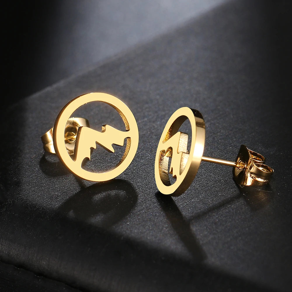 Pendientes de botón redondos de montañas para mujer u hombre oro