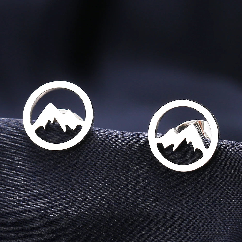 Pendientes de botón redondos de montañas para mujer u hombre plata