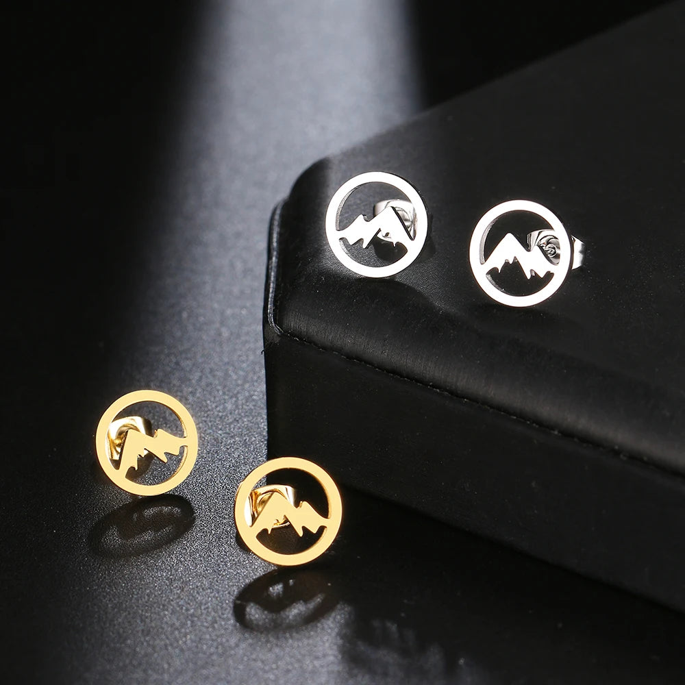 Pendientes de botón redondos de montañas para mujer u hombre oro