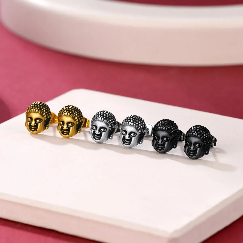 Pendientes de botón Cabeza de Buda negro