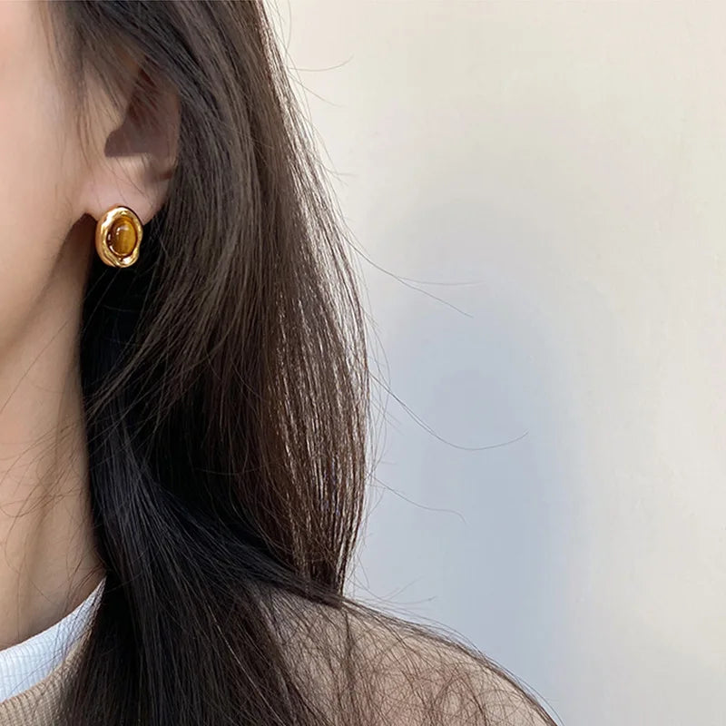 Pendientes de Botón Ovalados Ojo de Tigre