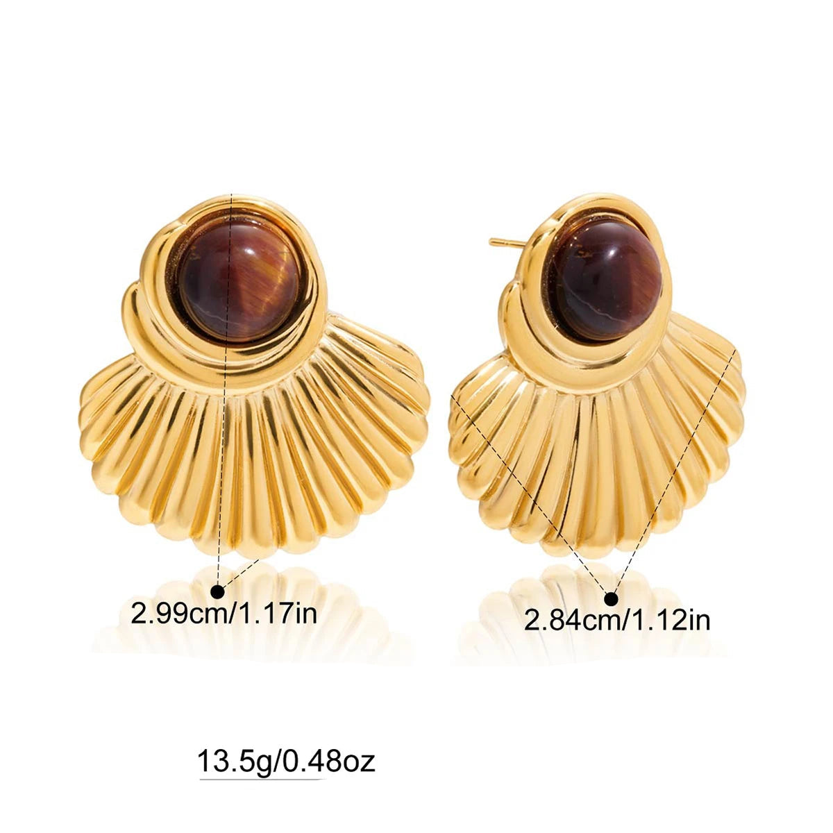 Gold shell earrings and tiger's eye stone