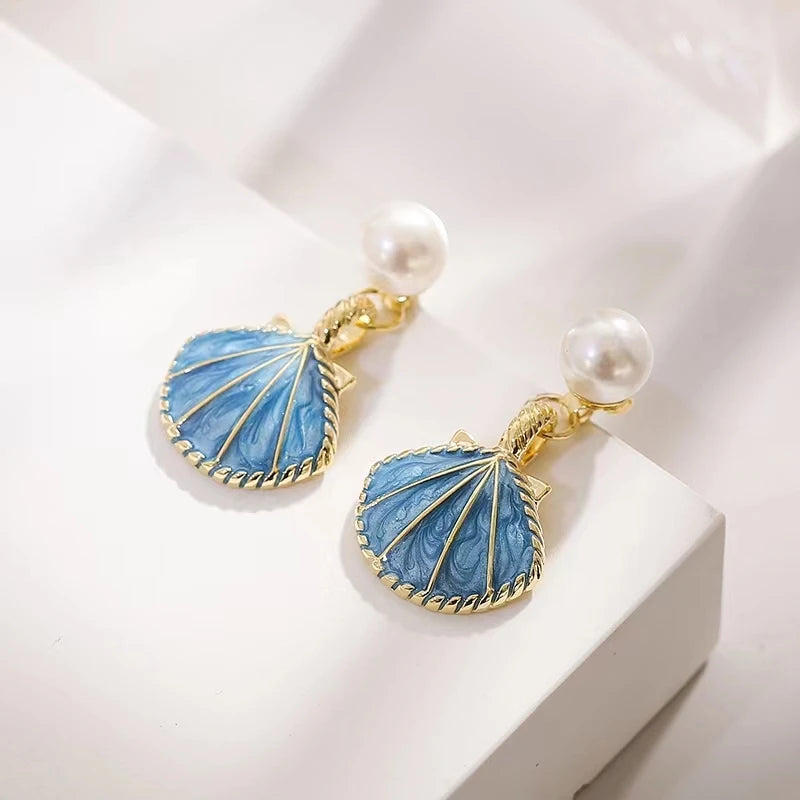 Pendientes de Conchas Saint-Jacques Azules Concha