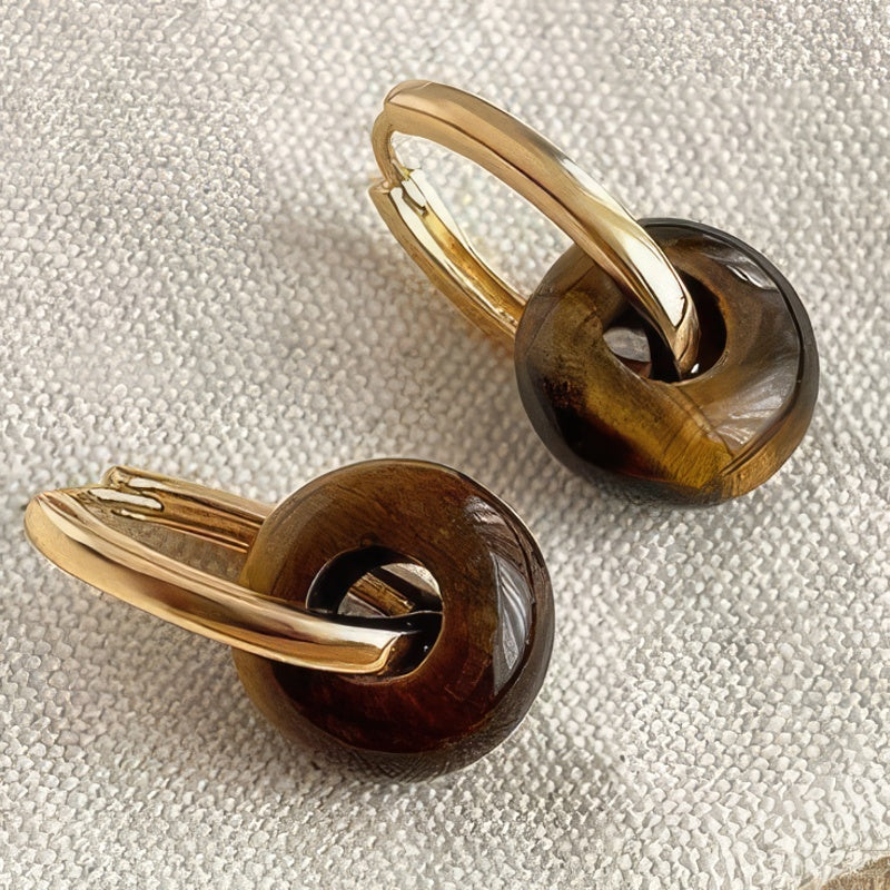 Hoop earrings with round tiger's eye beads 