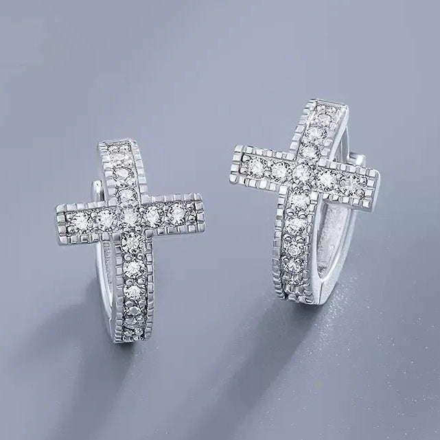 Pendientes de aro cruz brillante