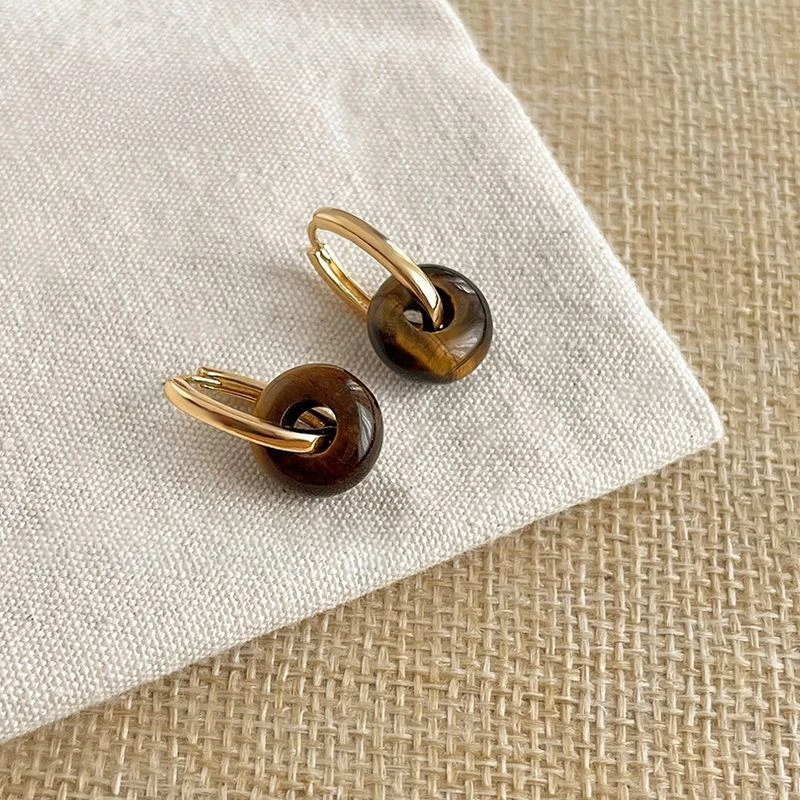 Hoop earrings with round tiger's eye stone beads