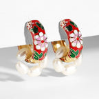 Pendientes de aro con flores de rosa esmaltadas rojas