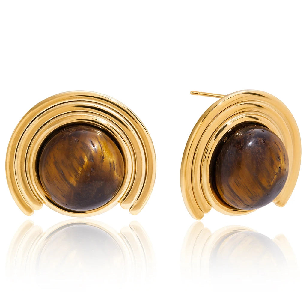 Gold-tone crescent moon earrings in tiger's eye stone
