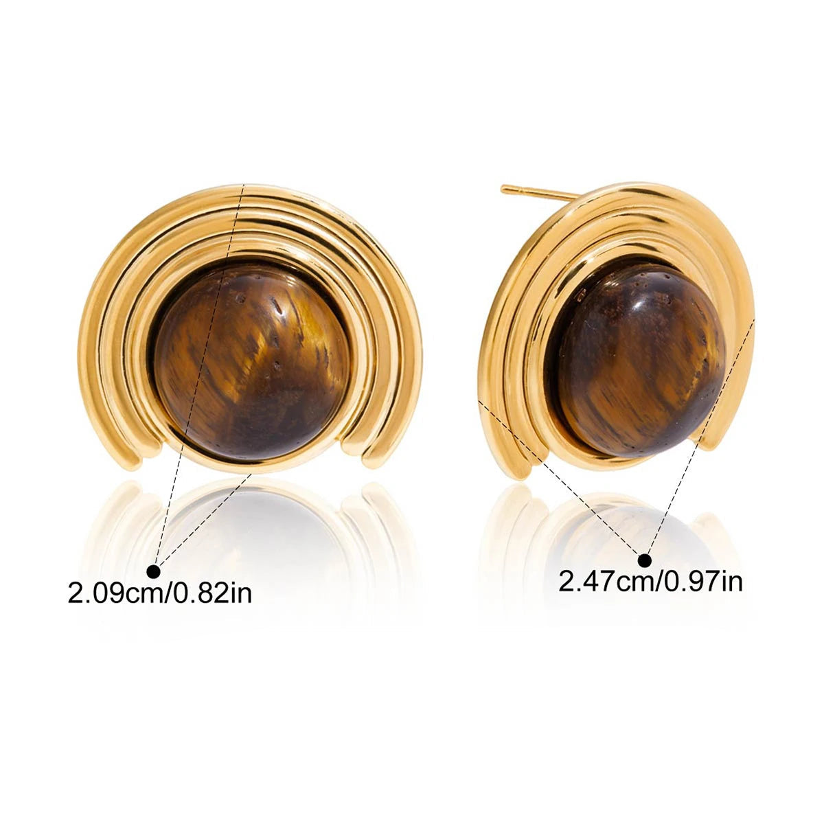 Gold-tone crescent moon earrings in tiger's eye stone