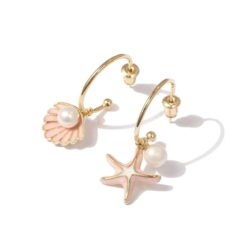 Pendientes esmaltados con concha y perla rosa