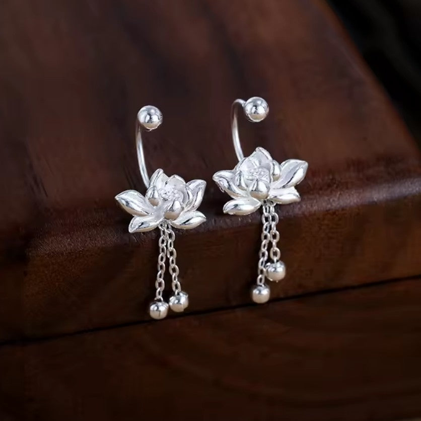 Pendientes de Mujer Colgantes Flor de Loto Plateados 