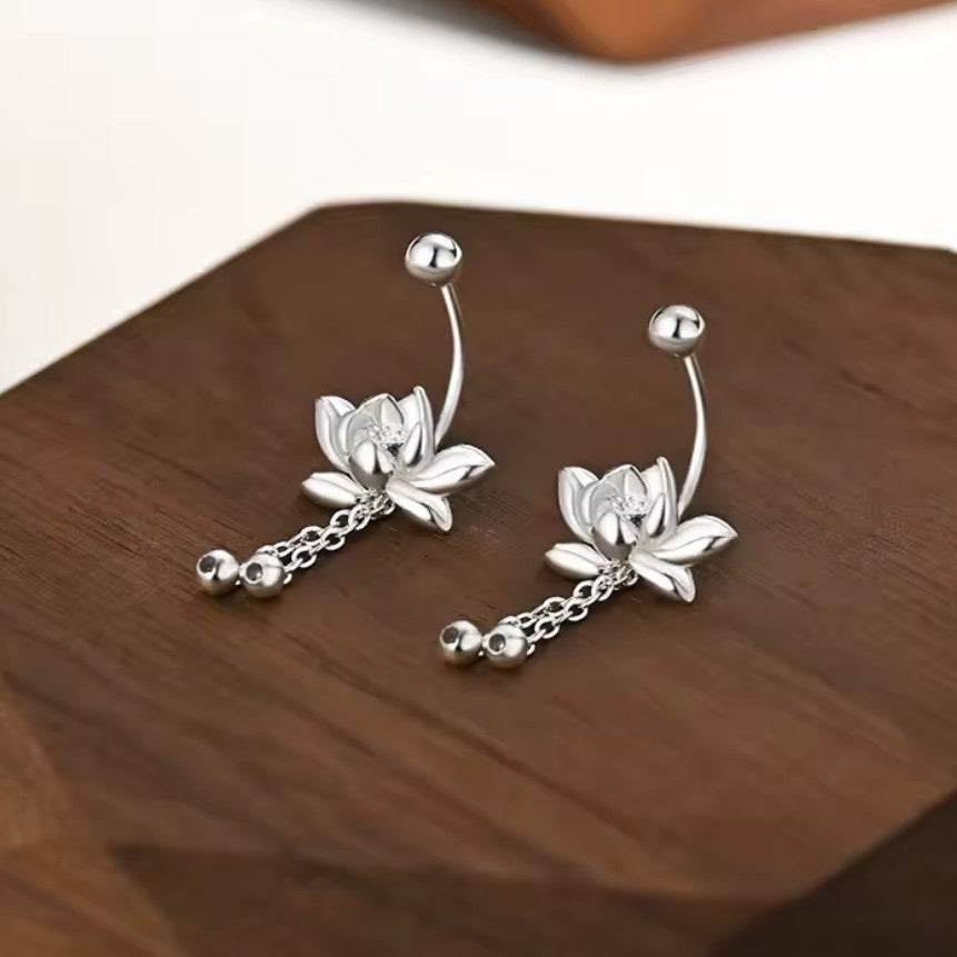 Pendientes de Mujer Colgantes Flor de Loto Plateados 