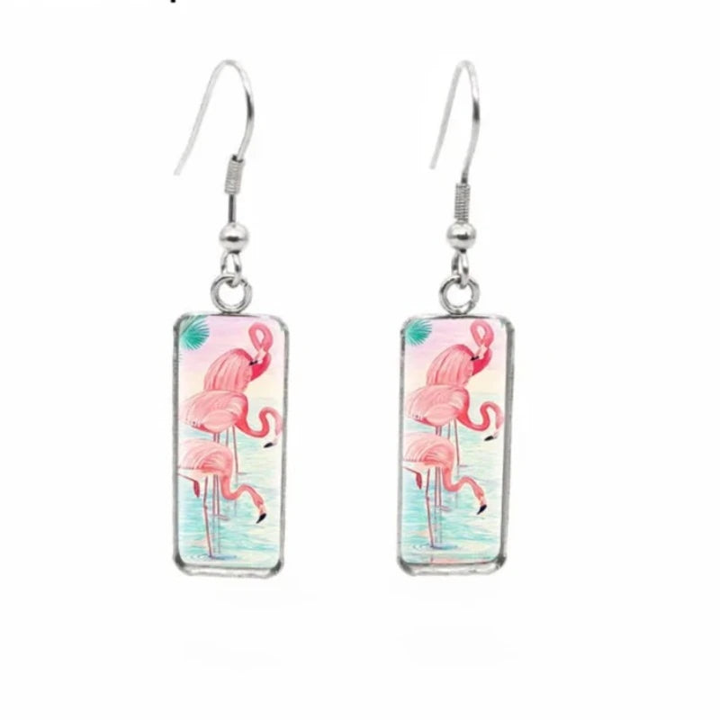 Pendientes Colgantes de Flamencos Rosas en Rosa y Azul