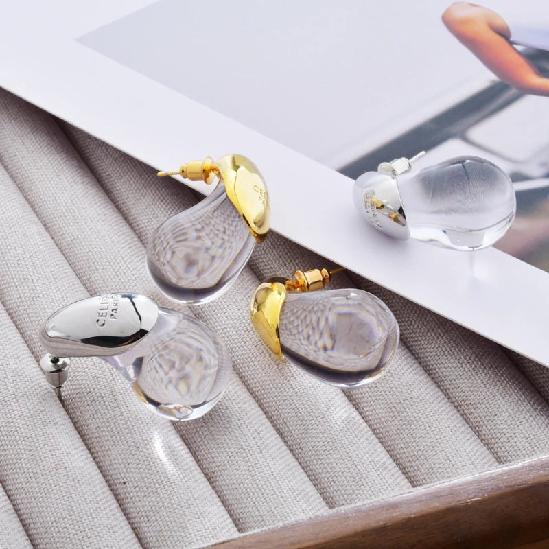 Pendientes de botón gota de agua transparente oro