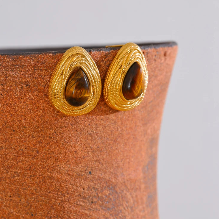 Textured teardrop tiger's eye stone earrings