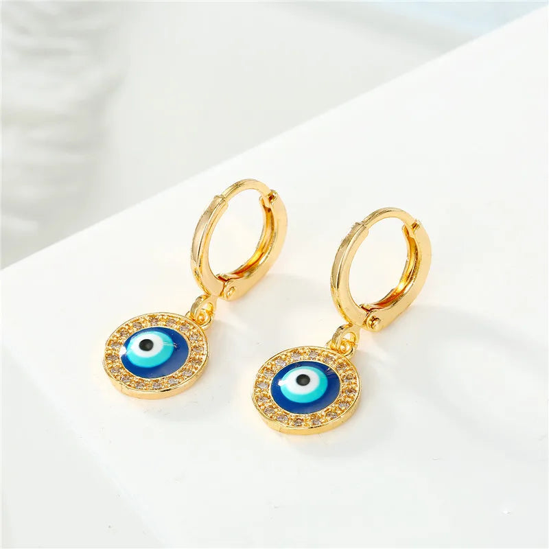 Pendientes Ojo Malo Azul Redondo con Strass Oro