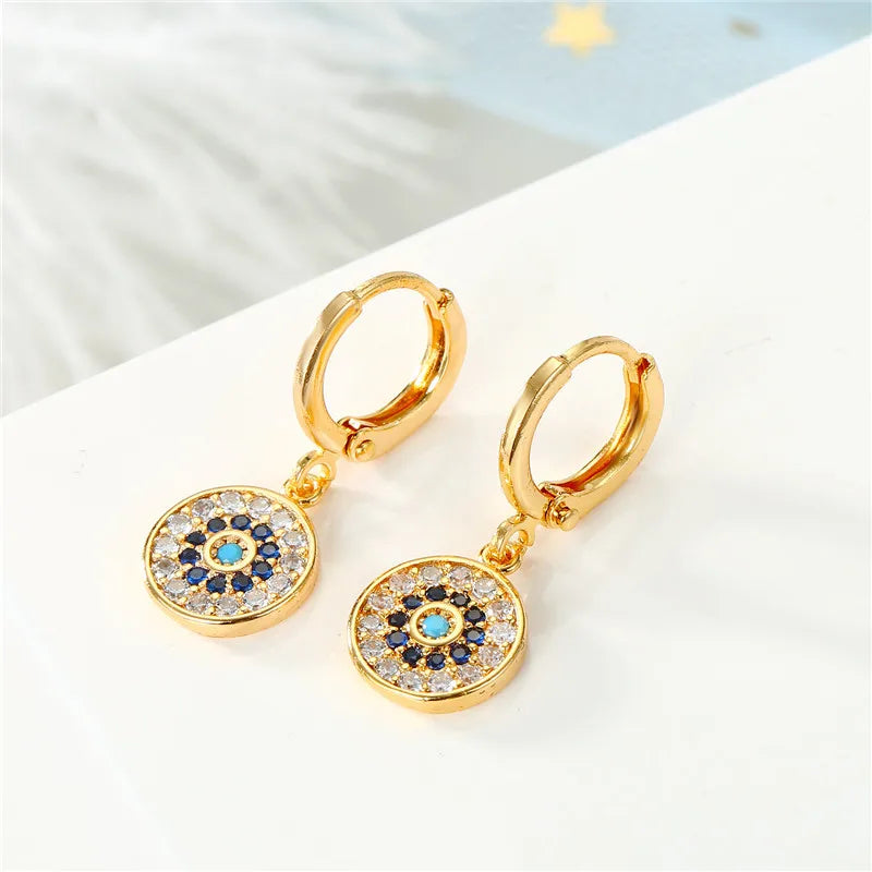 Pendientes Ojo Malo Azul con Strass Redondos oro