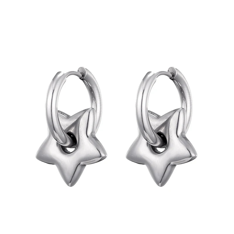 Pendientes de mini aros con colgante de estrella abombada plateado