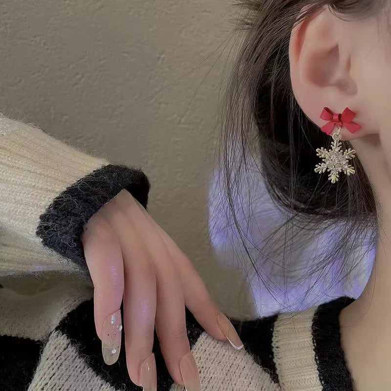 Pendientes de Lazo Copo de Nieve Invierno Mujer rojo