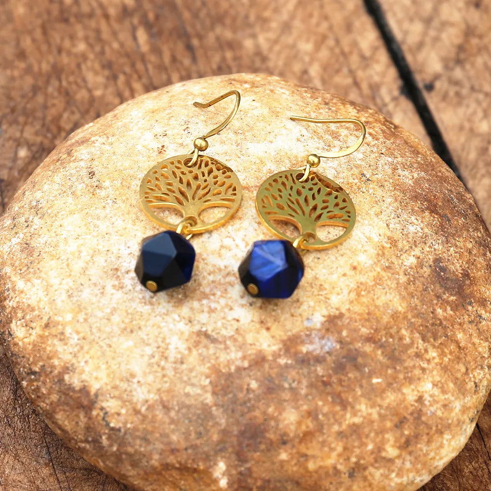 Pendientes colgantes árbol de la vida y piedra natural apatita azul