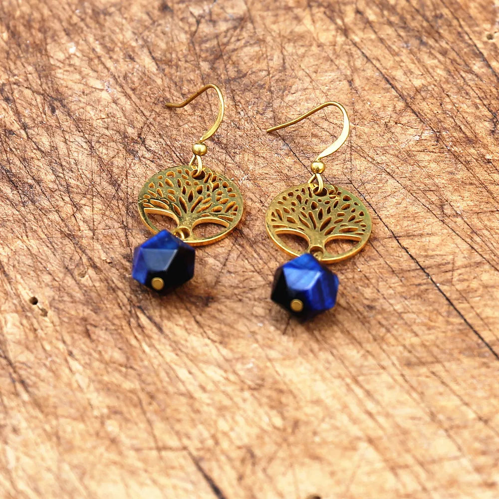 Pendientes colgantes árbol de la vida y piedra natural apatita azul
