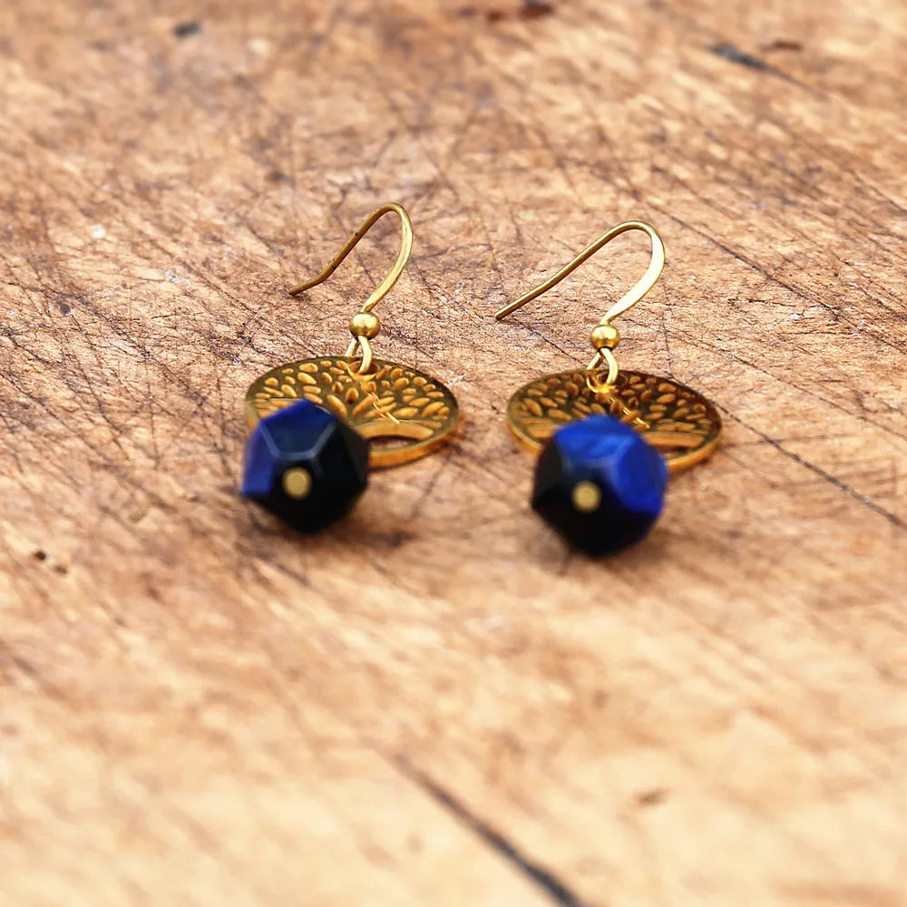 Pendientes colgantes árbol de la vida y piedra natural apatita azul