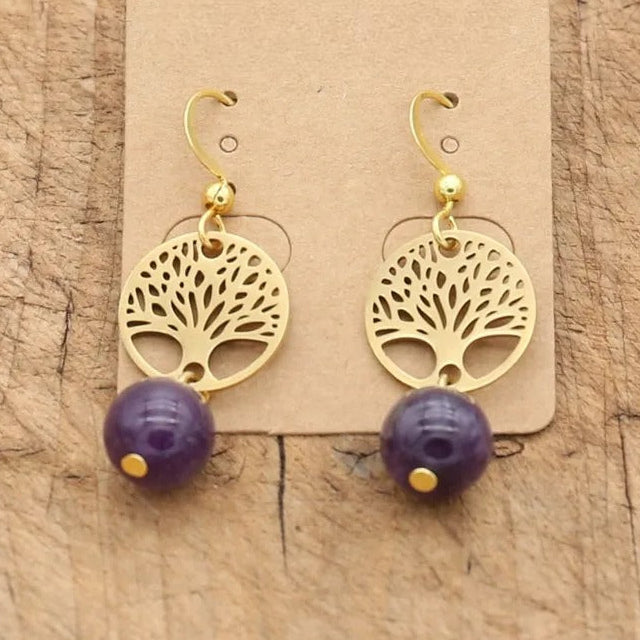 Pendientes colgantes árbol de la vida y piedra natural 