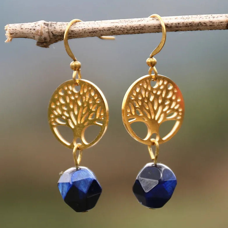 Pendientes colgantes árbol de la vida y piedra natural apatita azul