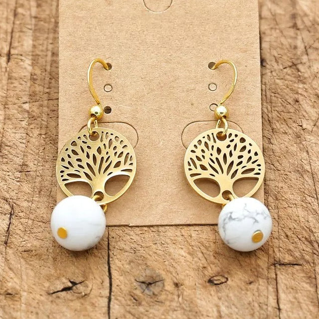Pendientes colgantes árbol de la vida y piedra natural 
