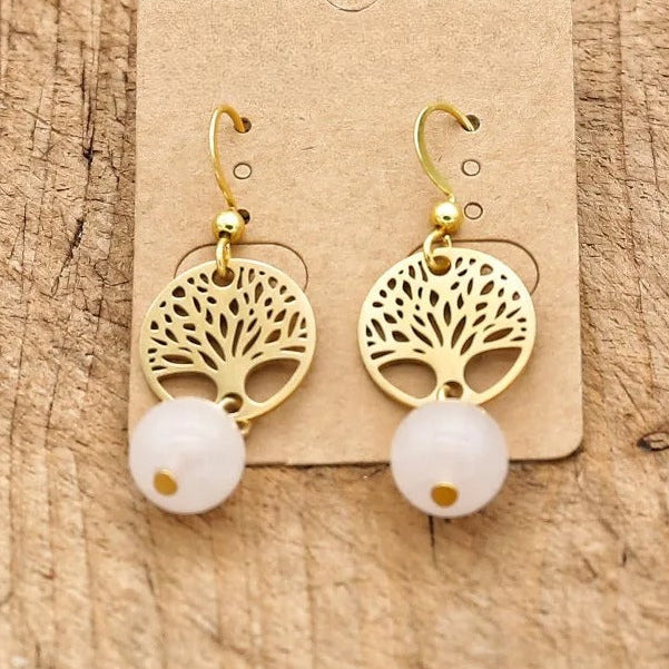 Pendientes colgantes árbol de la vida y piedra natural 