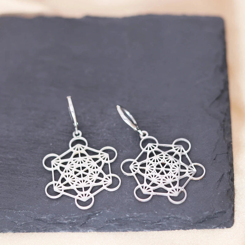 Pendientes Colgantes Plateados Cubo de Metatrón