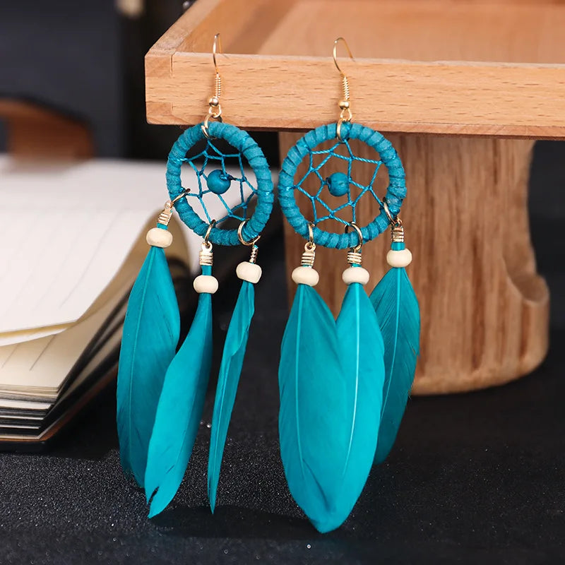 Pendientes Colgantes Atrapasueños y Plumas azul