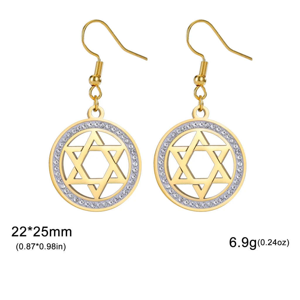 Pendientes colgantes con la <span data-glossary-id="etoile_de_david">estrella de David</span> y cristales simbólicos judíos dorados