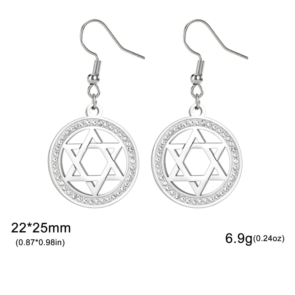 Pendientes colgantes con la <span data-glossary-id="etoile_de_david">estrella de David</span> y cristales simbólicos judíos plateados