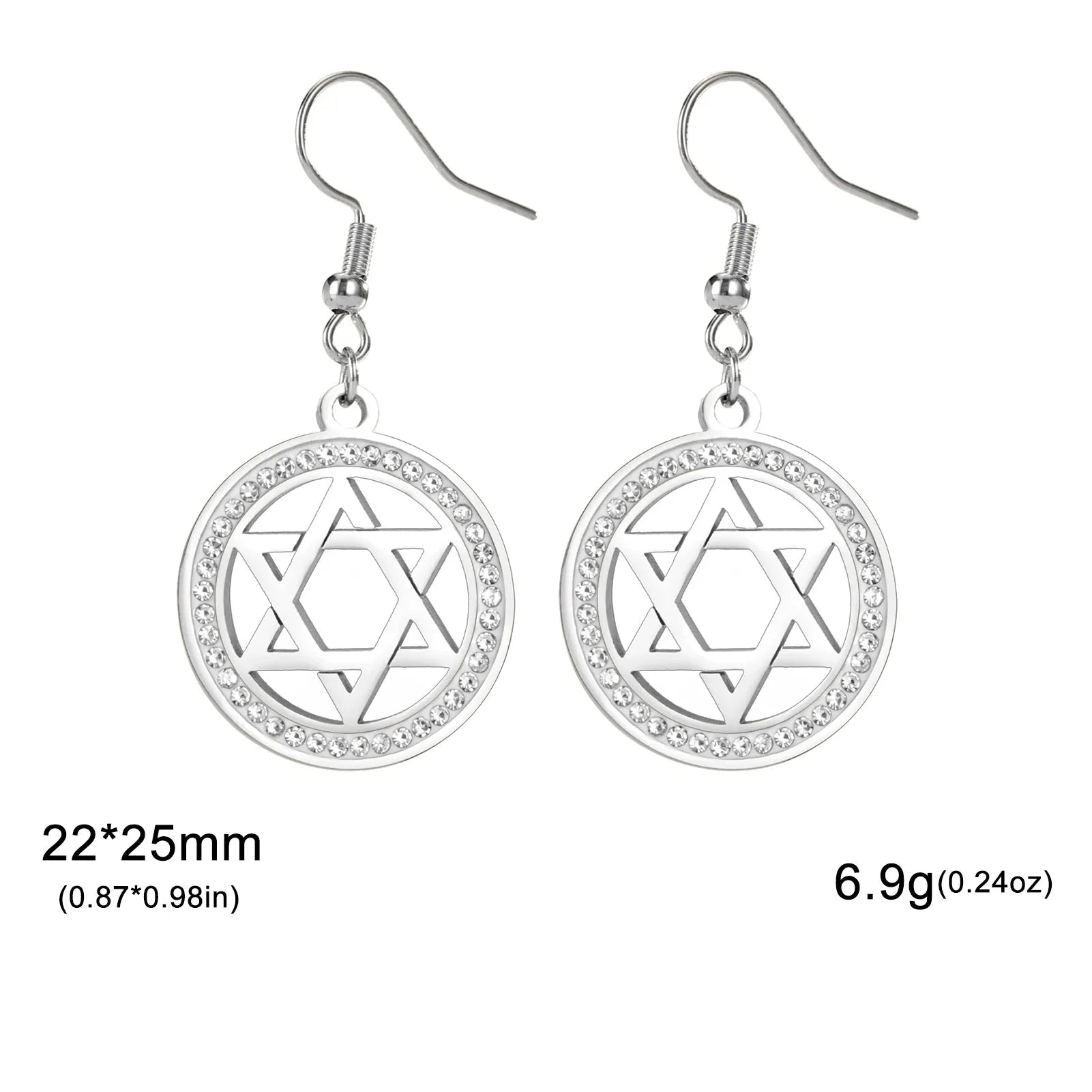 Pendientes colgantes con la <span data-glossary-id="etoile_de_david">estrella de David</span> y cristales simbólicos judíos plateados