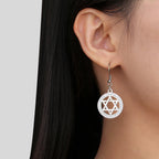 Pendientes colgantes con la <span data-glossary-id="etoile_de_david">estrella de David</span> y cristales simbólicos judíos plateados