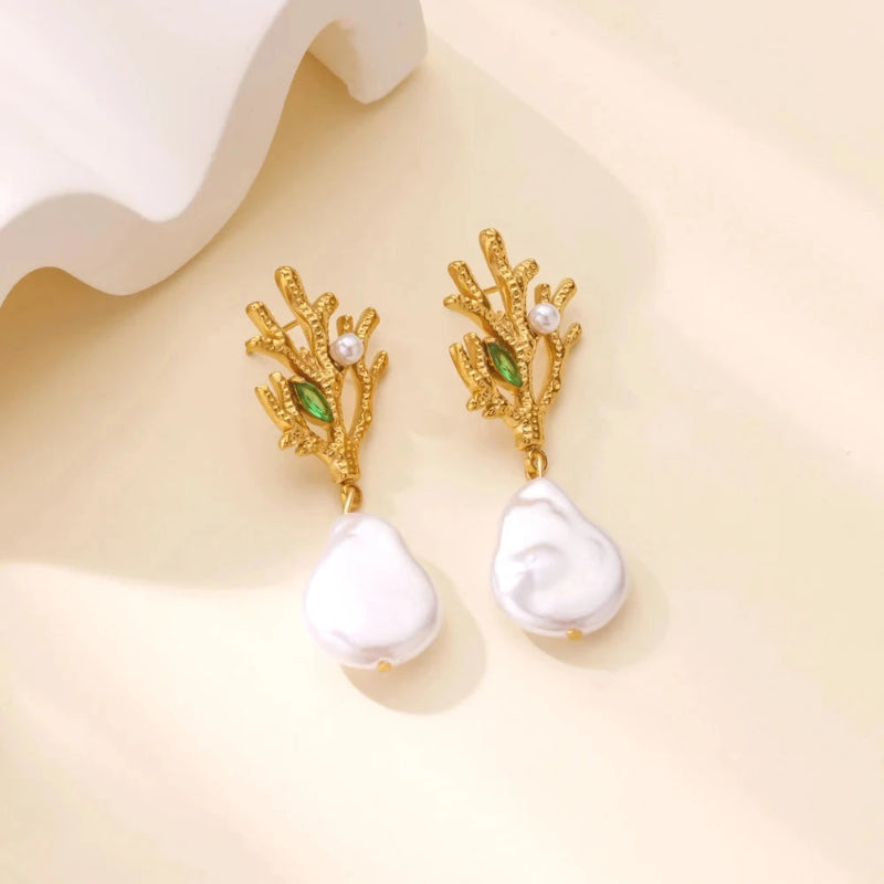 Pendientes Colgantes de Coral con Perla y Circonio verde