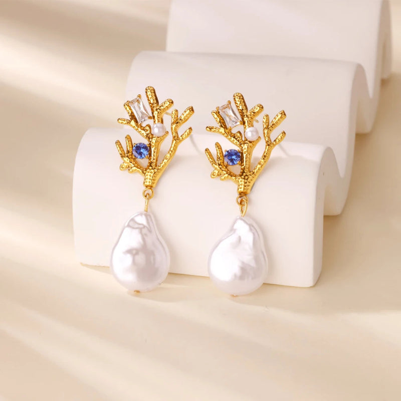 Pendientes Colgantes de Coral con Perla y Circonio azul