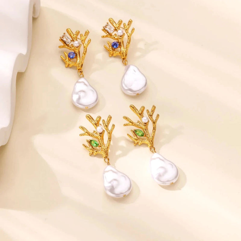 Pendientes Colgantes de Coral con Perla y Circonio verde