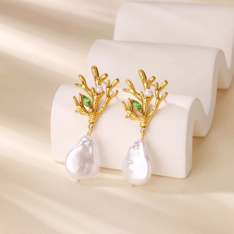Pendientes Colgantes de Coral con Perla y Circonio verde